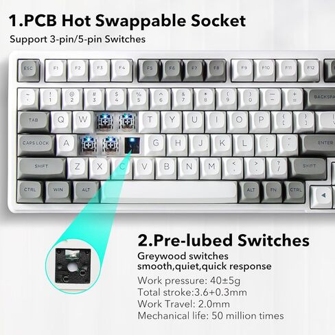 HUO JI لوحة مفاتيح ميكانيكية سلكية، قابلة للتبديل السريع، مفاتيح خطية مسبقة التشحيم، هيكل حشية مع رغوة تخميد الصوت، إضاءة خلفية RGB، لوحة مفاتيح ألعاب 99 مفتاحًا للكمبيوتر الشخصي/Mac، أبيض in Kuwait