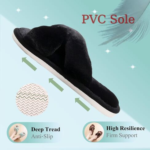 Crazy Lady Women's Fuzzy Fluffy Furry Fur Slippers Flip Flop Open Toe Cozy House Memory Foam Sandals Slides Soft Flat Comfy Anti-Slip Spa Indoor Outdoor Slip on | Crossband upper & memory foam insole for cozy; anti-slip EVA sole for indoor outdoor; weddin in Saudi Arabia
