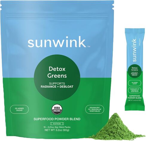 Sunwink Detox Powdered Greens - Organic Greens SuperFood Powder for Debloat - Super Greens Powder w/Celery, Dandelion, Spirulina - Daily Greens Powder for Gentle Detox (6g Each, Pack of 15) in Saudi Arabia