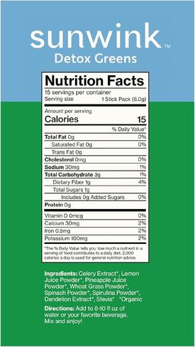 Sunwink Detox Powdered Greens - Organic Greens SuperFood Powder for Debloat - Super Greens Powder w/Celery, Dandelion, Spirulina - Daily Greens Powder for Gentle Detox (6g Each, Pack of 15) in Saudi Arabia