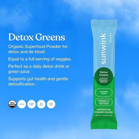 Sunwink Detox Powdered Greens - Organic Greens SuperFood Powder for Debloat - Super Greens Powder w/Celery, Dandelion, Spirulina - Daily Greens Powder for Gentle Detox (6g Each, Pack of 15) in Saudi Arabia