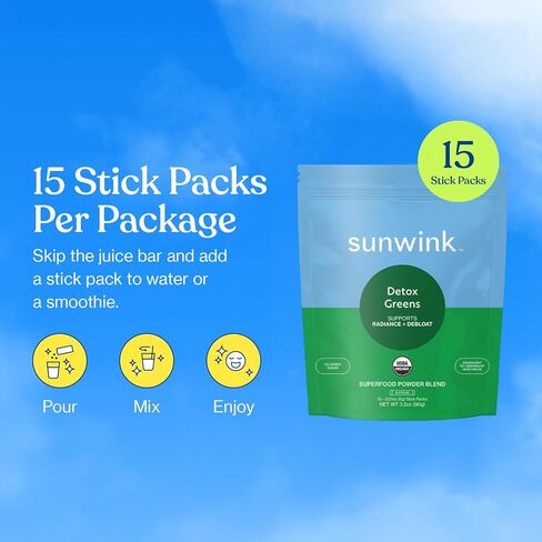 Sunwink Detox Powdered Greens - Organic Greens SuperFood Powder for Debloat - Super Greens Powder w/Celery, Dandelion, Spirulina - Daily Greens Powder for Gentle Detox (6g Each, Pack of 15) in Saudi Arabia