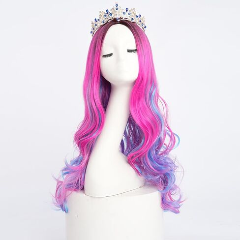 Girls Wig and Crown Pink Mixed Blue Wig Long Wavy Halloween Costume Party Wig Black Roots in Saudi Arabia