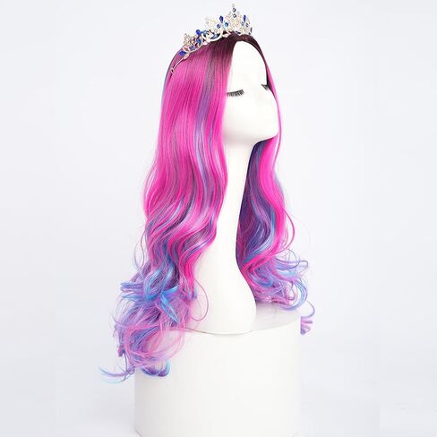 Girls Wig and Crown Pink Mixed Blue Wig Long Wavy Halloween Costume Party Wig Black Roots in Saudi Arabia