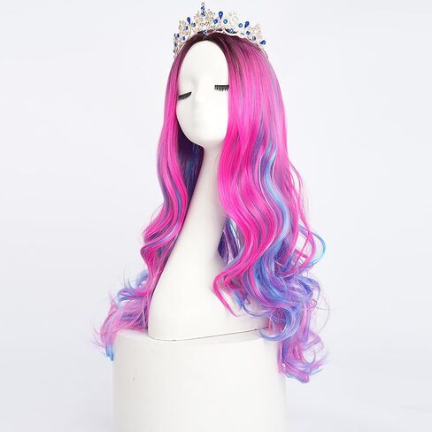 Girls Wig and Crown Pink Mixed Blue Wig Long Wavy Halloween Costume Party Wig Black Roots in Saudi Arabia