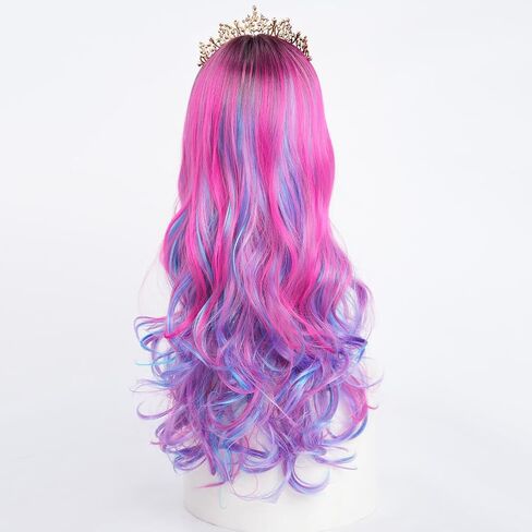 Girls Wig and Crown Pink Mixed Blue Wig Long Wavy Halloween Costume Party Wig Black Roots in Saudi Arabia