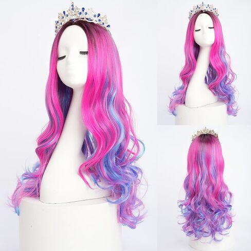Girls Wig and Crown Pink Mixed Blue Wig Long Wavy Halloween Costume Party Wig Black Roots in Saudi Arabia