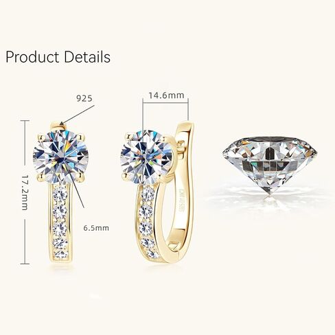 Diamond Hoop Earrings for Women in 14K Gold over S925 Sterling Silver,1 Carat Round Cut VVS1 Clarity Ear Hoops, Fashionable and Minimalist Jewelry Gift for Her in Saudi Arabia