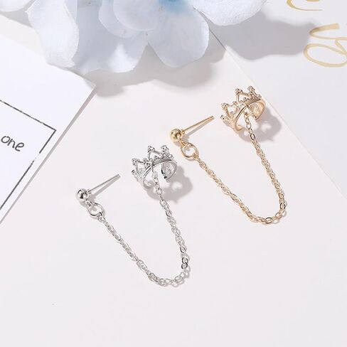 Wrap Chain Earrings Studs for Women Crown Ear Clip with Detachable Drop Dangling Chain Design On Ear Hypoallergenic Earring Jewelry Gift for Her in Saudi Arabia