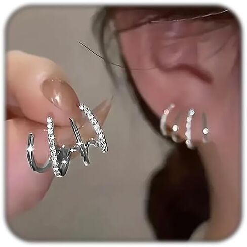 Claw Earrings for Women Dainty Gold Silver Zircon Cuff Earrings Four Claw Half Hoop Stud Earring Minimalist Huggie Ear Wrap Piercing For Birthday Valentine's Day Christmas Gifts in Kuwait