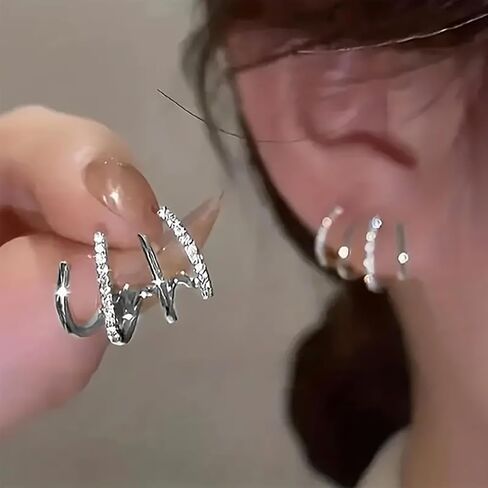 Claw Earrings for Women Dainty Gold Silver Zircon Cuff Earrings Four Claw Half Hoop Stud Earring Minimalist Huggie Ear Wrap Piercing For Birthday Valentine's Day Christmas Gifts in Kuwait