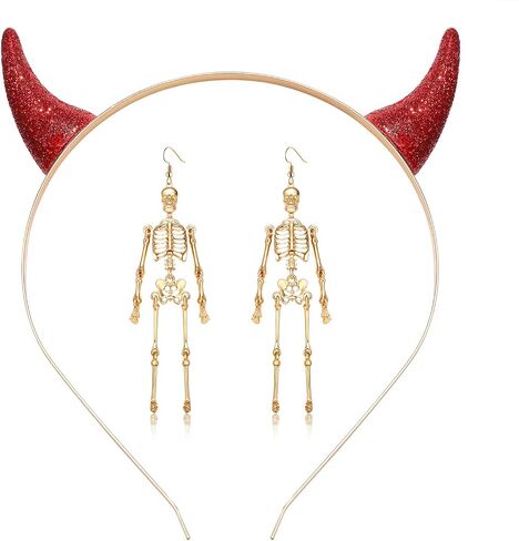 Vokone Halloween Devil Horns Headband Festival Headwear Halloween Beaded Earrings Spooky Halloween Costume Accessory in Saudi Arabia