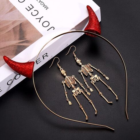 Vokone Halloween Devil Horns Headband Festival Headwear Halloween Beaded Earrings Spooky Halloween Costume Accessory in Saudi Arabia