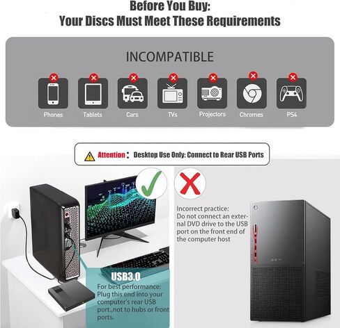 External Blu-ray Drives DVD/CD/BD Burner For Laptop USB 3.0 Portable BD CD DVD Reader Writer Player 3D Optical Drive Disc Duplicators Compatible with Laptop Desktop PC Windows Mac Pro MacBook Linux in Kuwait