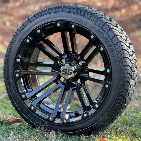 14" Lancer Gloss Black Golf Cart Wheels and 205/30-14" DOT Low Profile Tires - Set of 4 (Standard Lug Nuts 1/2 x 20) in Saudi Arabia