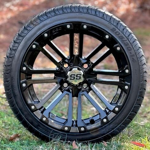 14" Lancer Gloss Black Golf Cart Wheels and 205/30-14" DOT Low Profile Tires - Set of 4 (Standard Lug Nuts 1/2 x 20) in Saudi Arabia