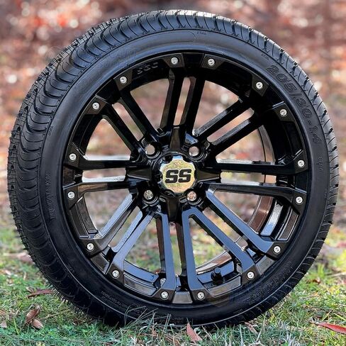 14" Lancer Gloss Black Golf Cart Wheels and 205/30-14" DOT Low Profile Tires - Set of 4 (Standard Lug Nuts 1/2 x 20) in Saudi Arabia