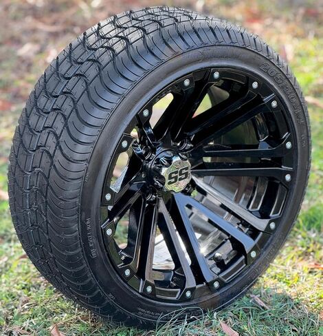 14" Lancer Gloss Black Golf Cart Wheels and 205/30-14" DOT Low Profile Tires - Set of 4 (Standard Lug Nuts 1/2 x 20) in Saudi Arabia