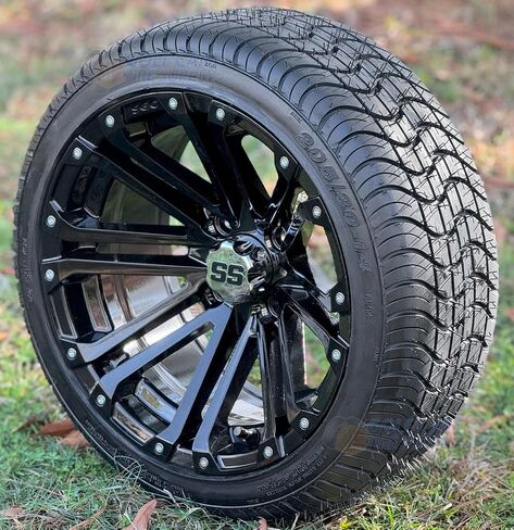 14" Lancer Gloss Black Golf Cart Wheels and 205/30-14" DOT Low Profile Tires - Set of 4 (Standard Lug Nuts 1/2 x 20) in Saudi Arabia