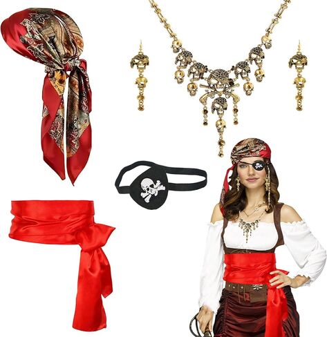 5Pcs Pirate Costume Accessories Set for Women Men, Includes Necklace, Head Scarf, Sash, Eye Patch, Earrings, Adult Pirate Costumes Red in Saudi Arabia