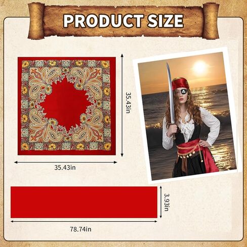 5Pcs Pirate Costume Accessories Set for Women Men, Includes Necklace, Head Scarf, Sash, Eye Patch, Earrings, Adult Pirate Costumes Red in Saudi Arabia