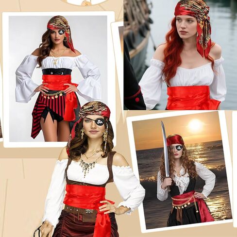 5Pcs Pirate Costume Accessories Set for Women Men, Includes Necklace, Head Scarf, Sash, Eye Patch, Earrings, Adult Pirate Costumes Red in Saudi Arabia