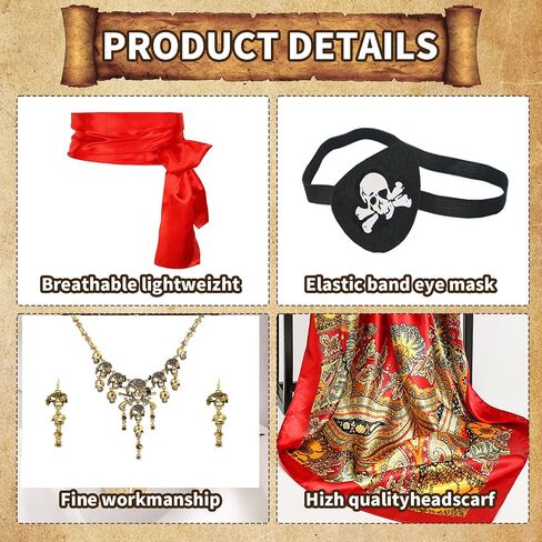 5Pcs Pirate Costume Accessories Set for Women Men, Includes Necklace, Head Scarf, Sash, Eye Patch, Earrings, Adult Pirate Costumes Red in Saudi Arabia
