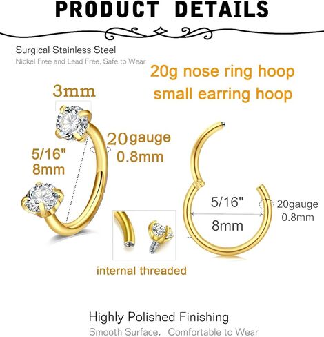 Modrsa Gold Horseshoe Nose Ring 20g حصان الحذاء خاتم الأنف طوق للنساء الفولاذ الجراحي الفرس المفصلي غضروف Tragus Adring Hoops Helix Jewelry Gem Gem Horseshoe Septum Rings 20 Gauge in Saudi Arabia
