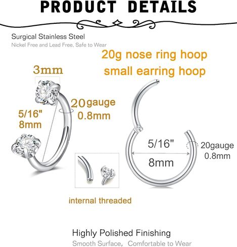 MODRSA Silver Horseshoe Nose Ring 20g Horse Shoe Nose Ring Hoop for Women Surgical Steel Clicker Hinged Cartilage Tragus Earring Hoops Helix Piercing Jewelry Double Gem Horseshoe Septum Rings 20 gauge in Saudi Arabia