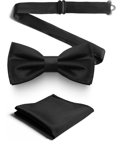 KOOELLE Black Men's Pre-Tied Bow Tie & Pocket Square Set - Elegant Formal Neckwear for Weddings in Saudi Arabia