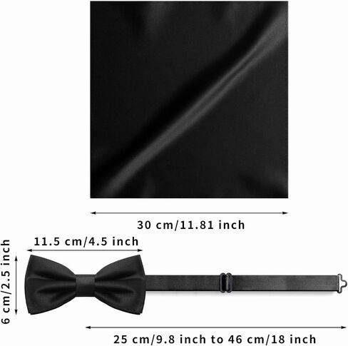 KOOELLE Black Men's Pre-Tied Bow Tie & Pocket Square Set - Elegant Formal Neckwear for Weddings in Saudi Arabia
