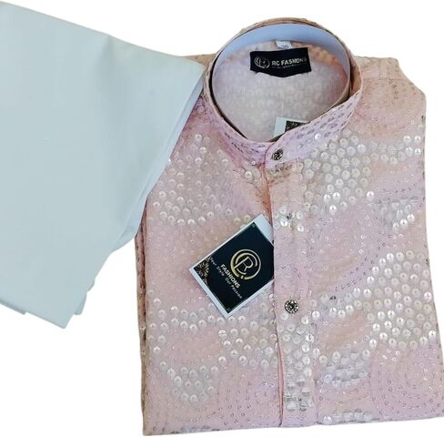 Men's Embroidered Sequined Kurta with White Pyjama Set Indian Traditional Party Wear Outfit in Saudi Arabia