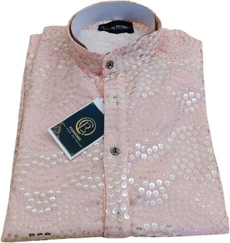 Men's Embroidered Sequined Kurta with White Pyjama Set Indian Traditional Party Wear Outfit in Saudi Arabia