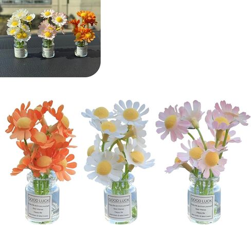 MLY 3 PCS Mini Daisy Flower Car Accessories for Women, Cute Daisy Glass Vase Ornaments, Funny Car Rear View Mirror & Dashboard Decor, Auto Interior Decorations in Saudi Arabia