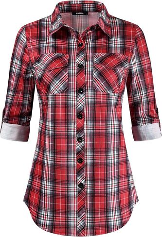 KOMANA Women's Roll Up Stretchy Knit Plaid Shirts Button Down Long Sleeve Blouses for Women Tops in Saudi Arabia