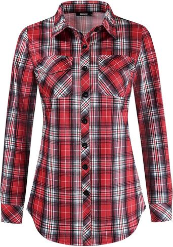 KOMANA Women's Roll Up Stretchy Knit Plaid Shirts Button Down Long Sleeve Blouses for Women Tops in Saudi Arabia