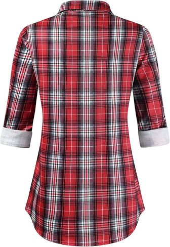 KOMANA Women's Roll Up Stretchy Knit Plaid Shirts Button Down Long Sleeve Blouses for Women Tops in Saudi Arabia