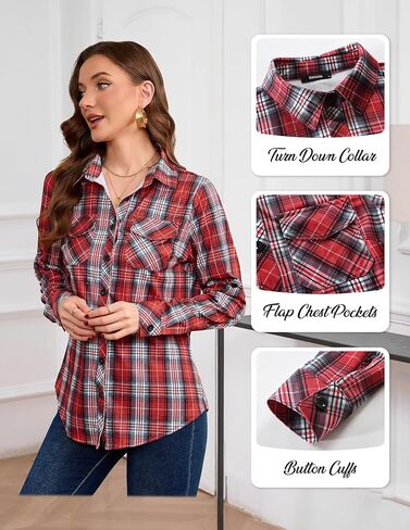 KOMANA Women's Roll Up Stretchy Knit Plaid Shirts Button Down Long Sleeve Blouses for Women Tops in Saudi Arabia