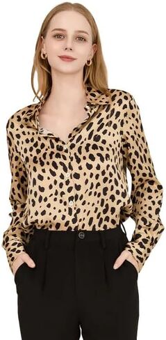 Leopard Print Silk Shirt for Women Long Sleeve Button Down Mulberry Silk Blouse Casual Elegant Animal Print Top in Kuwait