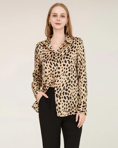 Leopard Print Silk Shirt for Women Long Sleeve Button Down Mulberry Silk Blouse Casual Elegant Animal Print Top in Kuwait
