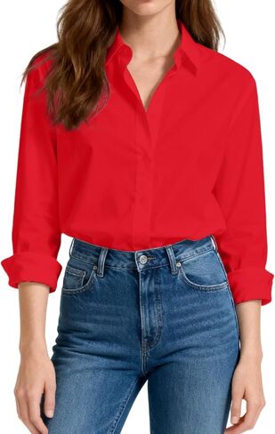 Womens Button Down Shirts Cotton Fitted Dress Shirts Long Sleeve Office Blouses Collared Tops in Saudi Arabia