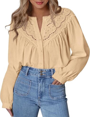 BTFBM Blouses for Women Dressy Casual Fall Clothes 2025 Long Sleeve Tops Lace Flowy Babydoll Button Down Shirts in Saudi Arabia