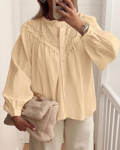 BTFBM Blouses for Women Dressy Casual Fall Clothes 2025 Long Sleeve Tops Lace Flowy Babydoll Button Down Shirts in Saudi Arabia