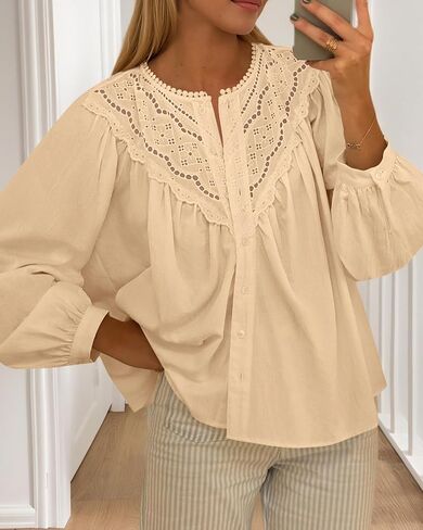 BTFBM Blouses for Women Dressy Casual Fall Clothes 2025 Long Sleeve Tops Lace Flowy Babydoll Button Down Shirts in Saudi Arabia