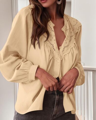 BTFBM Blouses for Women Dressy Casual Fall Clothes 2025 Long Sleeve Tops Lace Flowy Babydoll Button Down Shirts in Saudi Arabia