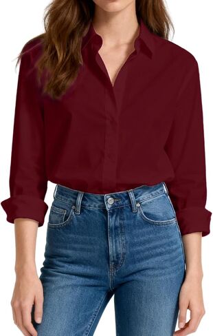 Womens Button Down Shirts Cotton Fitted Dress Shirts Long Sleeve Office Blouses Collared Tops in Saudi Arabia