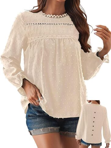 Womens Tops Long Ruffle Sleeve Shirts For Women Cute Crewneck Blouse Dressy Casual Swiss Dot Crochet Hollow Top 2024 in Kuwait