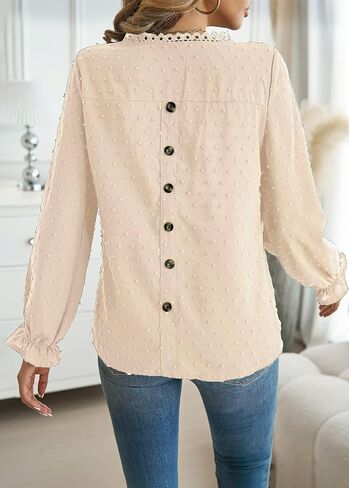Womens Tops Long Ruffle Sleeve Shirts For Women Cute Crewneck Blouse Dressy Casual Swiss Dot Crochet Hollow Top 2024 in Kuwait