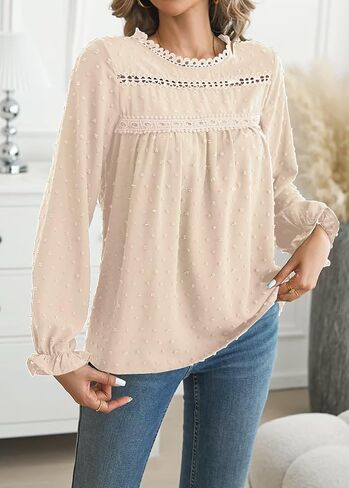 Womens Tops Long Ruffle Sleeve Shirts For Women Cute Crewneck Blouse Dressy Casual Swiss Dot Crochet Hollow Top 2024 in Kuwait