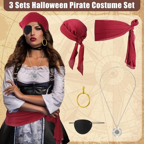 3 مجموعة 15 PCS Assume Assume Assume for Women Men Halloween Pirate Accessories with Head وشاح SASH PATCH in Kuwait